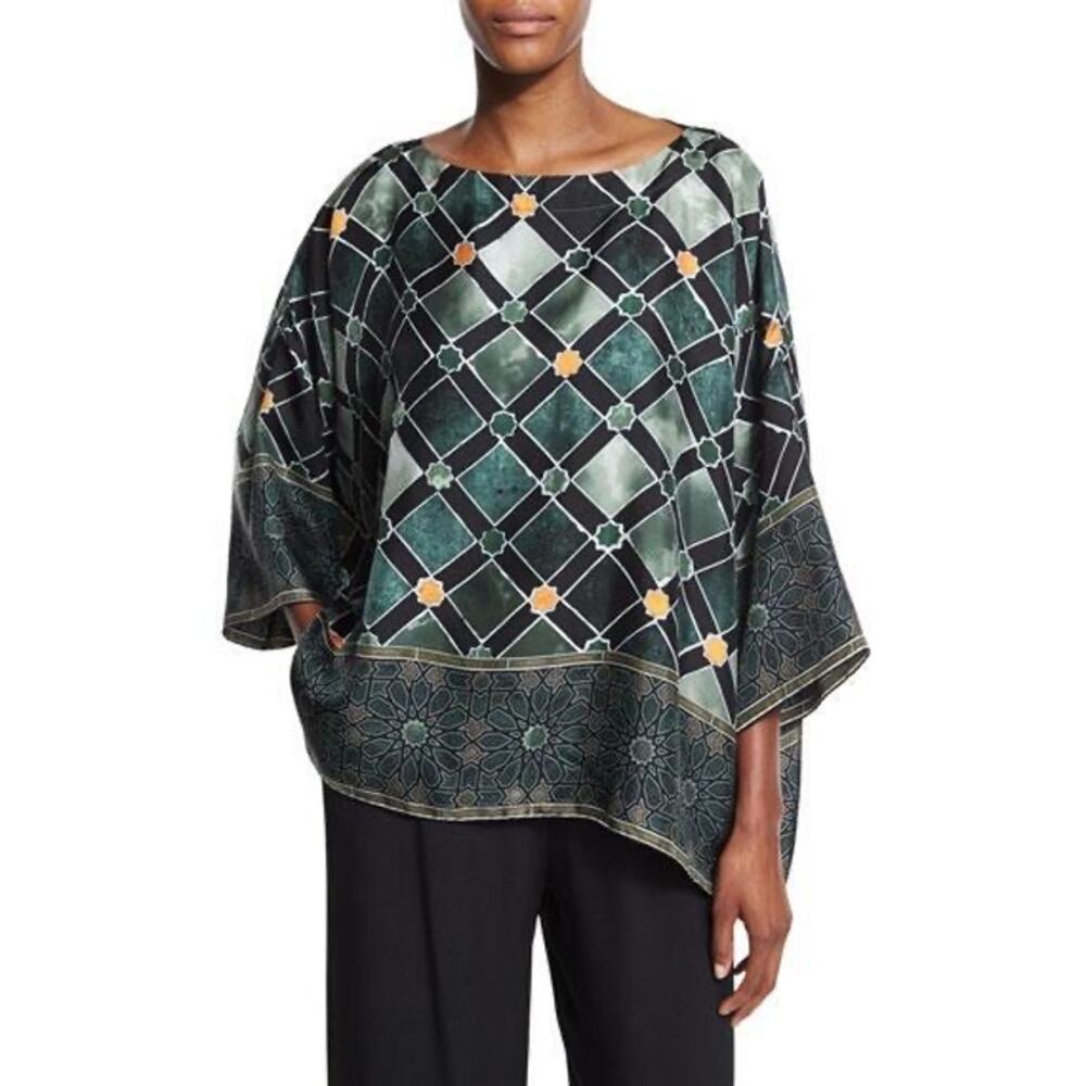 ESKANDAR 100% Silk Geometric Print Oversized Tunic Top Luxury Designer Size 1